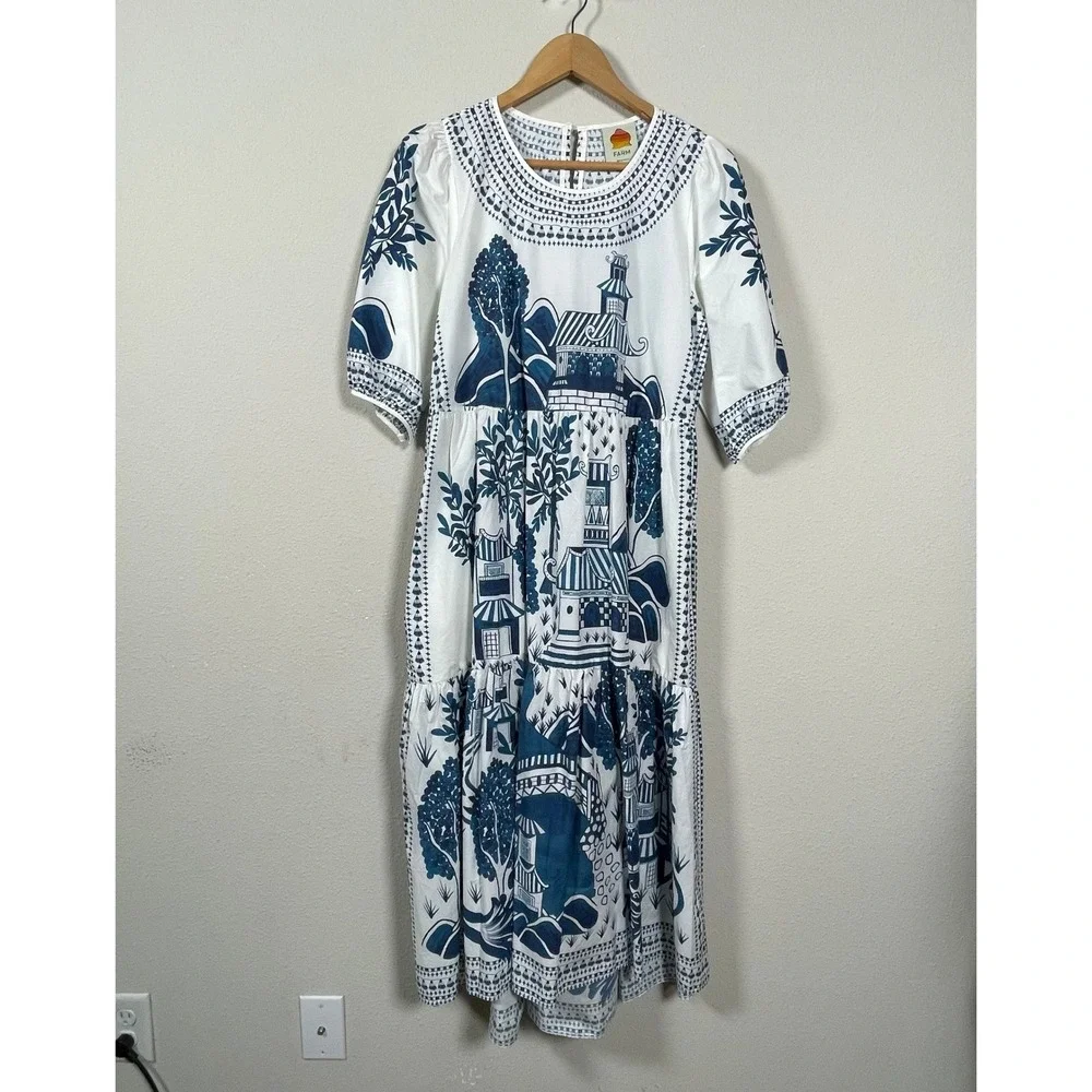 Farm Rio Resort Boho Chinoiserie Midi Dress Women Size M Puff Sleeve Tiered - Picture 2 of 10